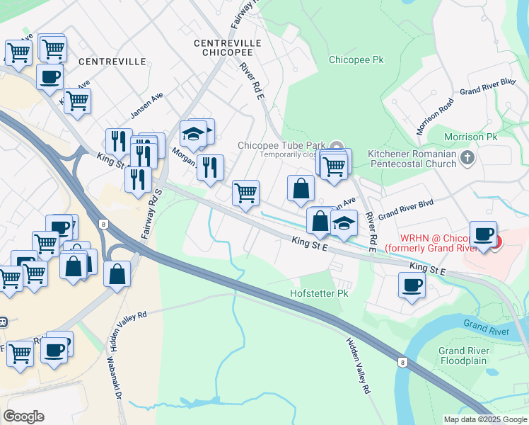 map of restaurants, bars, coffee shops, grocery stores, and more near 251 Morgan Avenue in Kitchener