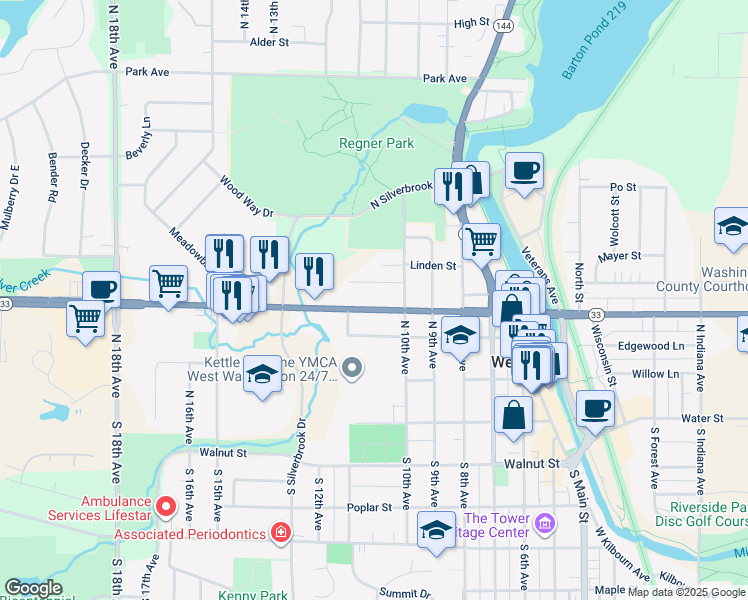 map of restaurants, bars, coffee shops, grocery stores, and more near 1023 West Washington Street in West Bend