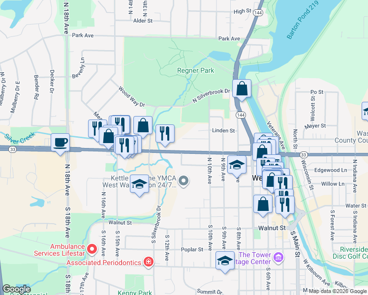 map of restaurants, bars, coffee shops, grocery stores, and more near 1072A Y Drive in West Bend