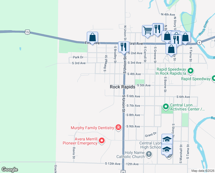 map of restaurants, bars, coffee shops, grocery stores, and more near in Rock Rapids
