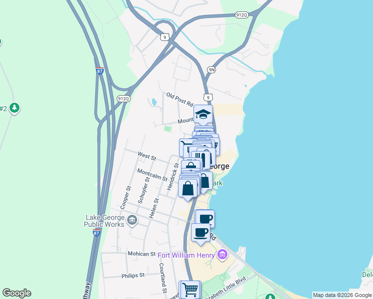 map of restaurants, bars, coffee shops, grocery stores, and more near 179 Ottawa Street in Lake George