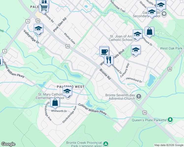 map of restaurants, bars, coffee shops, grocery stores, and more near 3030 Rochester Circle in Oakville