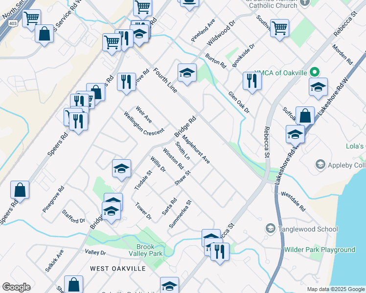 map of restaurants, bars, coffee shops, grocery stores, and more near 459 Smith Lane in Oakville
