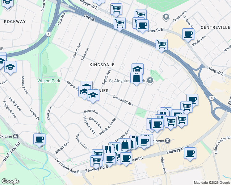 map of restaurants, bars, coffee shops, grocery stores, and more near 66 Carrol Street in Kitchener