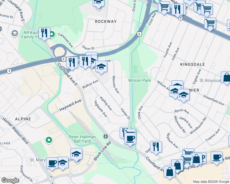 map of restaurants, bars, coffee shops, grocery stores, and more near 91 Massey Avenue in Kitchener