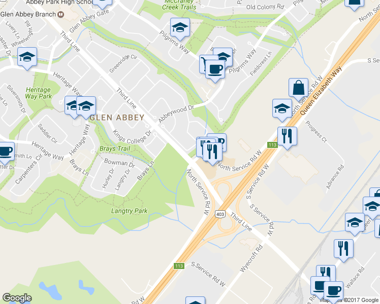 map of restaurants, bars, coffee shops, grocery stores, and more near 1148 Bridlewood Trail in Oakville