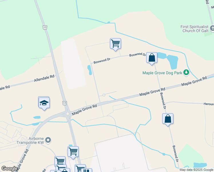 map of restaurants, bars, coffee shops, grocery stores, and more near 17 Vondrau Drive in Cambridge