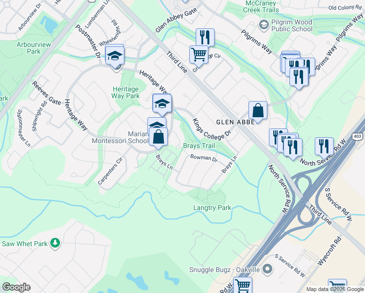 map of restaurants, bars, coffee shops, grocery stores, and more near 1239 White Lane in Oakville