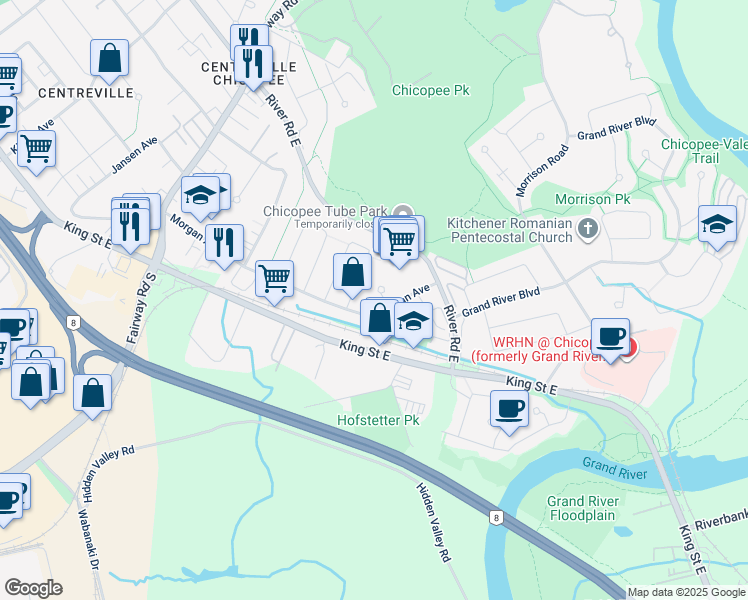 map of restaurants, bars, coffee shops, grocery stores, and more near 10 Berwick Place in Kitchener