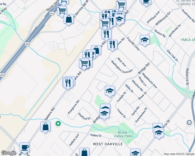 map of restaurants, bars, coffee shops, grocery stores, and more near 1161 Pinegrove Road in Oakville
