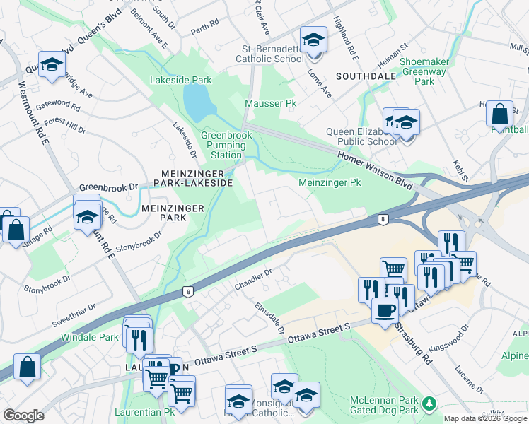 map of restaurants, bars, coffee shops, grocery stores, and more near 786 Stirling Avenue South in Kitchener