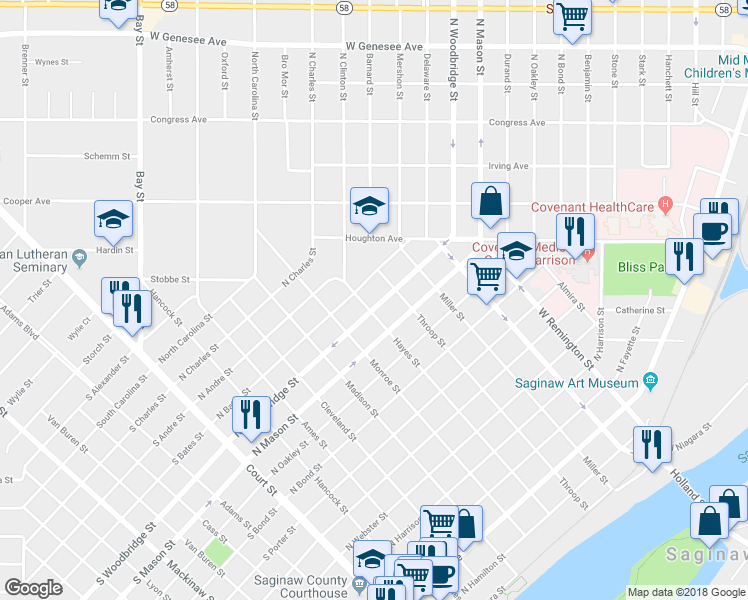 map of restaurants, bars, coffee shops, grocery stores, and more near 709 North Bates Street in Saginaw