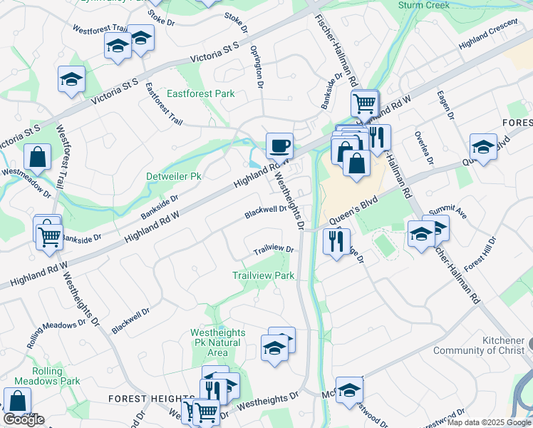 map of restaurants, bars, coffee shops, grocery stores, and more near 6 Monteagle Crescent in Kitchener