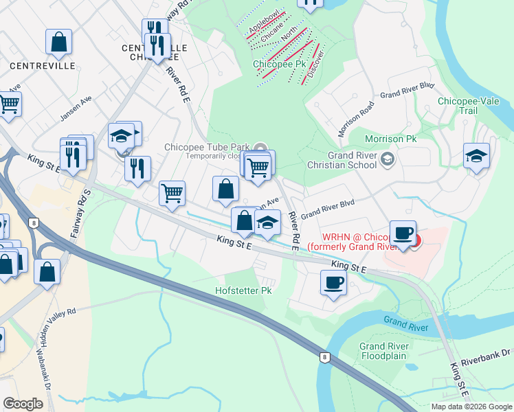 map of restaurants, bars, coffee shops, grocery stores, and more near 1601 River Road East in Kitchener