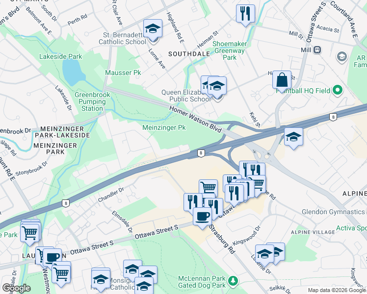 map of restaurants, bars, coffee shops, grocery stores, and more near 4 Avalon Place in Kitchener