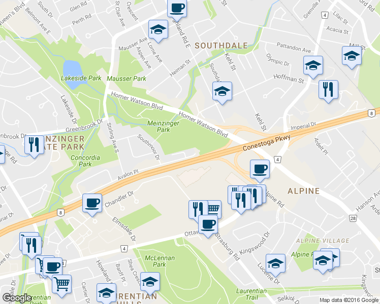 map of restaurants, bars, coffee shops, grocery stores, and more near 4 Avalon Place in Kitchener