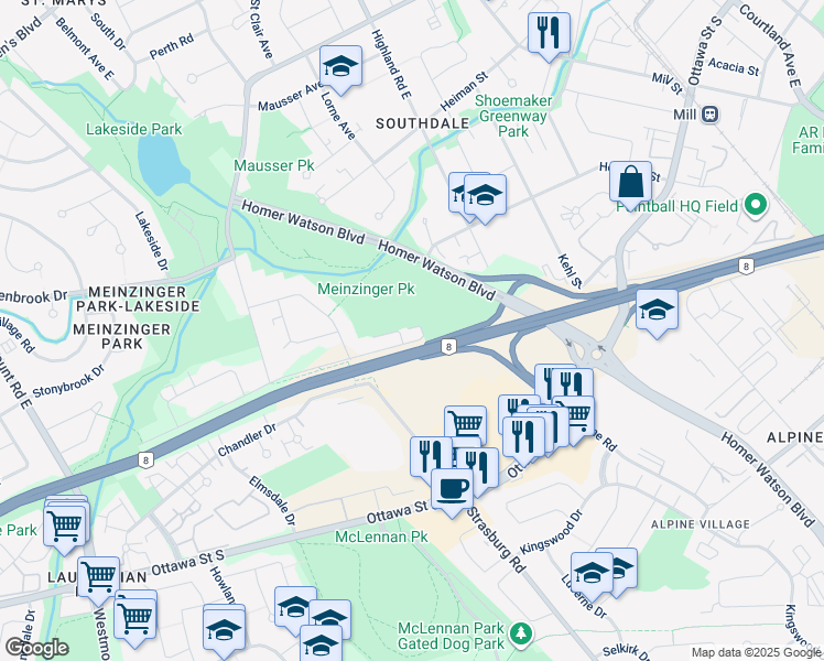 map of restaurants, bars, coffee shops, grocery stores, and more near 4 Avalon Place in Kitchener