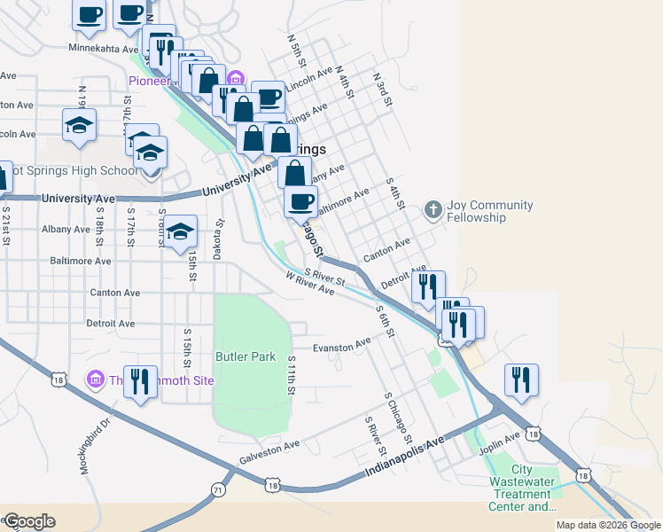 map of restaurants, bars, coffee shops, grocery stores, and more near 346-398 S Chicago St in Hot Springs