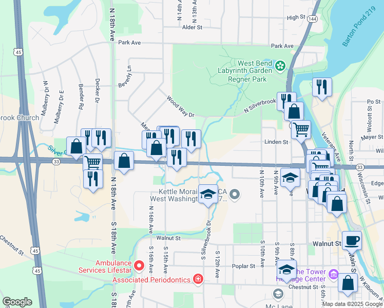 map of restaurants, bars, coffee shops, grocery stores, and more near 460 North Silverbrook Drive in West Bend