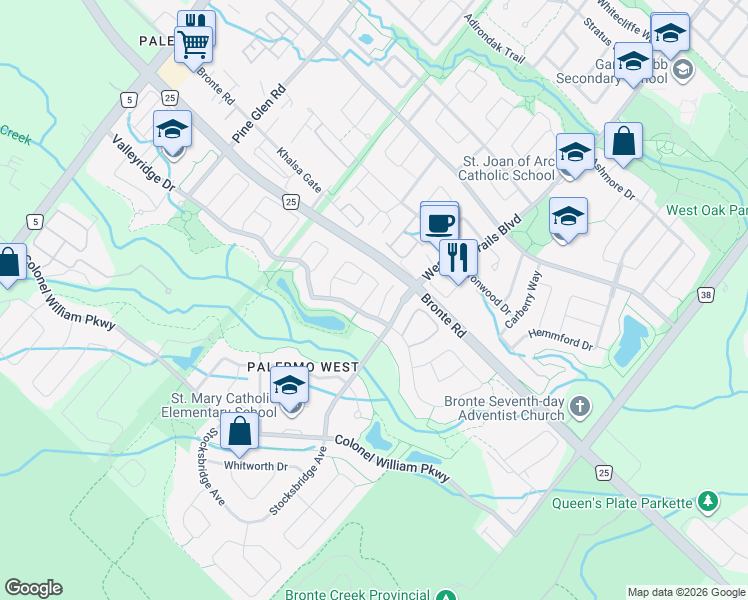 map of restaurants, bars, coffee shops, grocery stores, and more near 3037 Abernathy Way in Oakville
