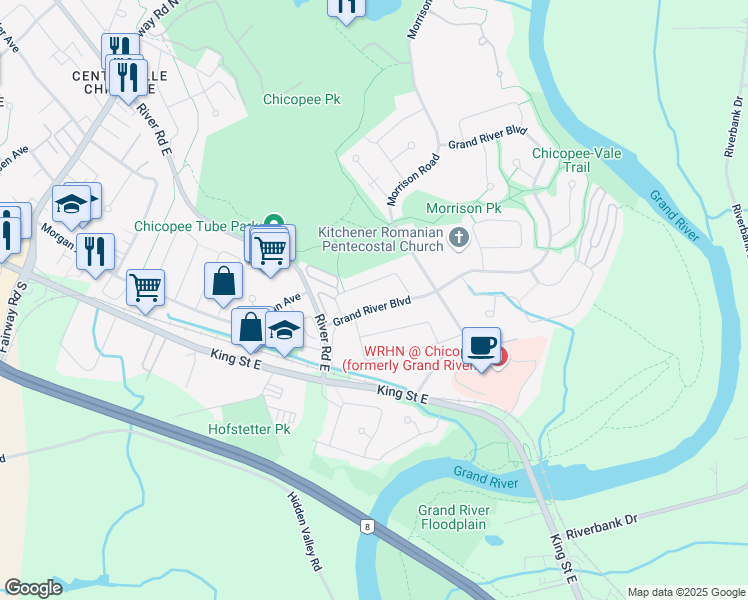 map of restaurants, bars, coffee shops, grocery stores, and more near 58 Grand River Boulevard in Kitchener