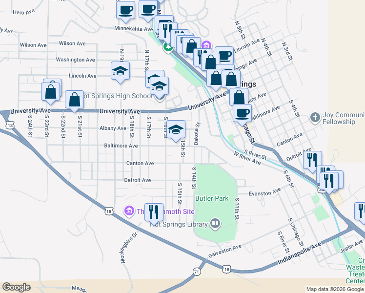 map of restaurants, bars, coffee shops, grocery stores, and more near 299 South 15th Street in Hot Springs