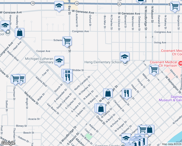 map of restaurants, bars, coffee shops, grocery stores, and more near 403 North Carolina Street in Saginaw