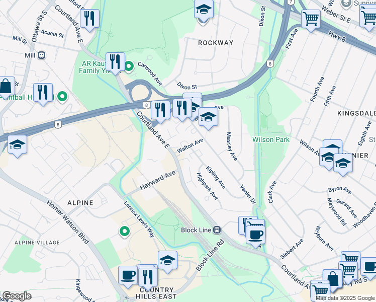 map of restaurants, bars, coffee shops, grocery stores, and more near in Kitchener