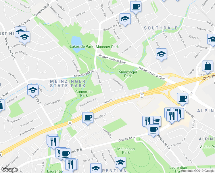 map of restaurants, bars, coffee shops, grocery stores, and more near 15 Yager Avenue in Kitchener