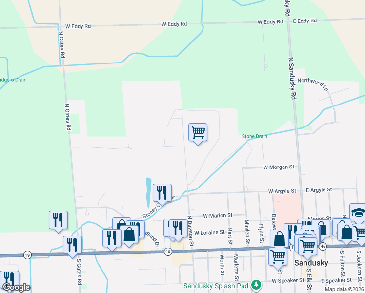 map of restaurants, bars, coffee shops, grocery stores, and more near 260 Dawson Court in Sandusky