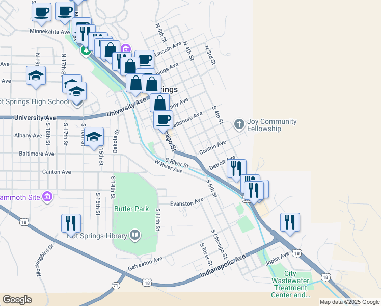 map of restaurants, bars, coffee shops, grocery stores, and more near 445 South Chicago Street in Hot Springs