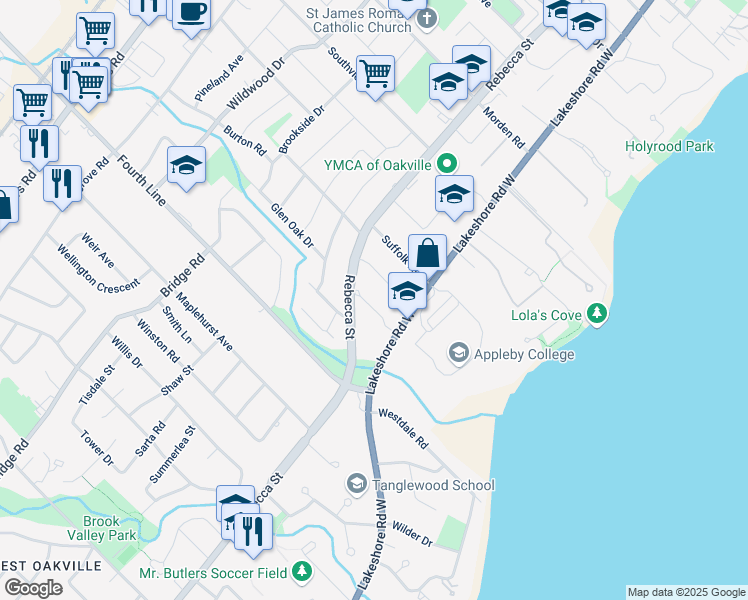 map of restaurants, bars, coffee shops, grocery stores, and more near 117 Whittington Place in Oakville