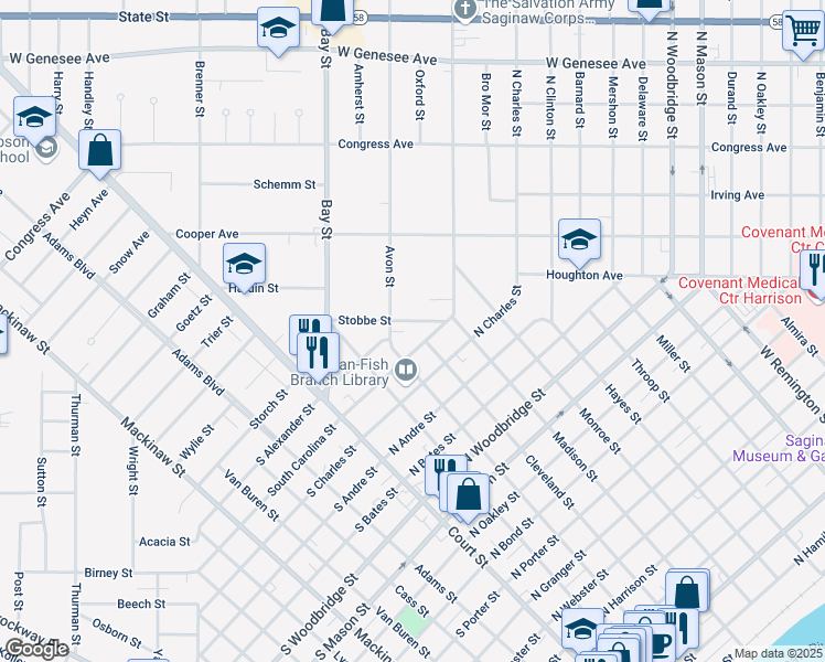 map of restaurants, bars, coffee shops, grocery stores, and more near 2325 Stobbe Street in Saginaw