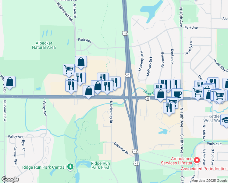 map of restaurants, bars, coffee shops, grocery stores, and more near 511 Marshall Court in West Bend