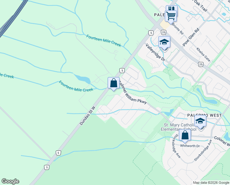 map of restaurants, bars, coffee shops, grocery stores, and more near 3275 Stalybridge Drive in Oakville