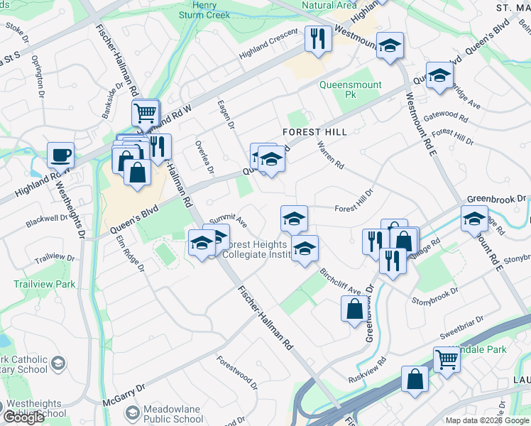 map of restaurants, bars, coffee shops, grocery stores, and more near 30 Thornridge Crescent in Kitchener
