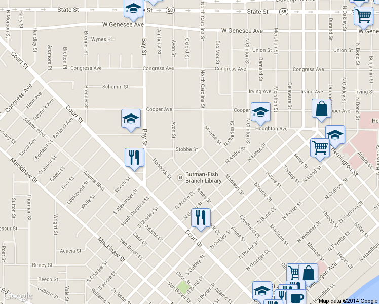 map of restaurants, bars, coffee shops, grocery stores, and more near 2325 Stobbe St in Saginaw