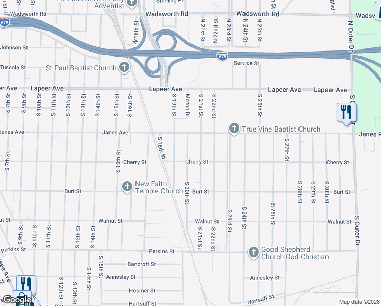 map of restaurants, bars, coffee shops, grocery stores, and more near 340 South 20th Street in Saginaw