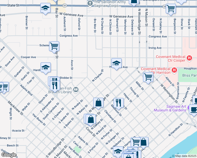 map of restaurants, bars, coffee shops, grocery stores, and more near 1617 Monroe Street in Saginaw
