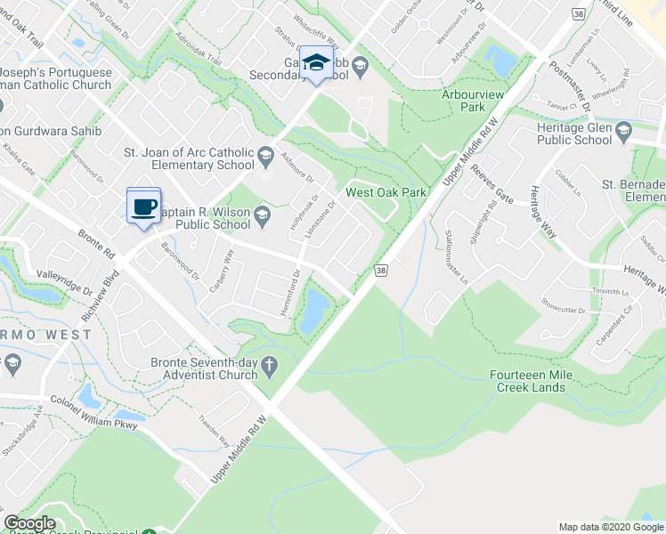 map of restaurants, bars, coffee shops, grocery stores, and more near 2051 Ashmore Drive in Oakville