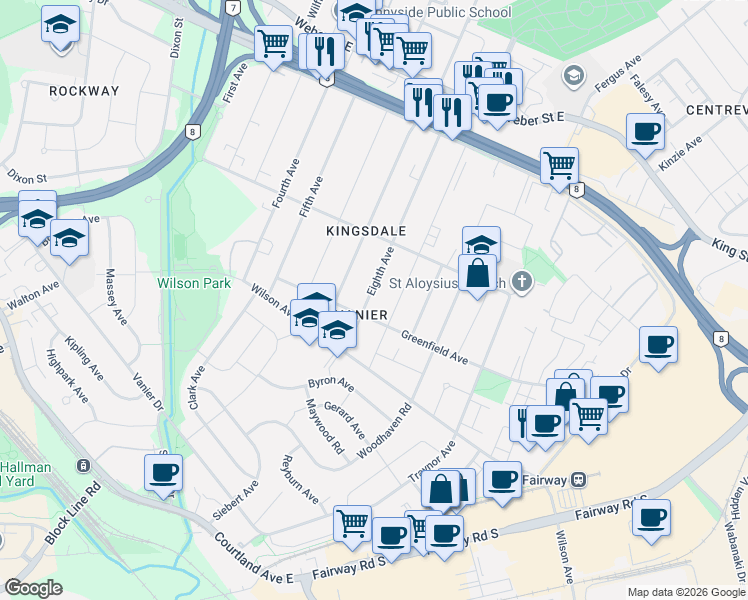 map of restaurants, bars, coffee shops, grocery stores, and more near in Kitchener