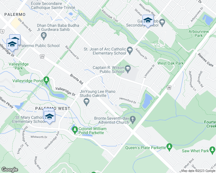 map of restaurants, bars, coffee shops, grocery stores, and more near 2153 Baronwood Drive in Oakville