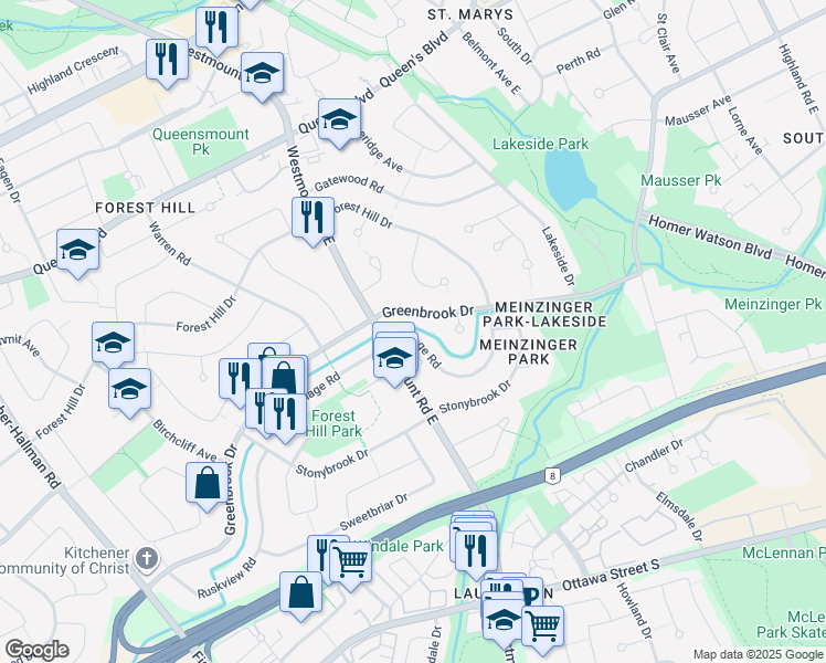 map of restaurants, bars, coffee shops, grocery stores, and more near 163 Village Road in Kitchener