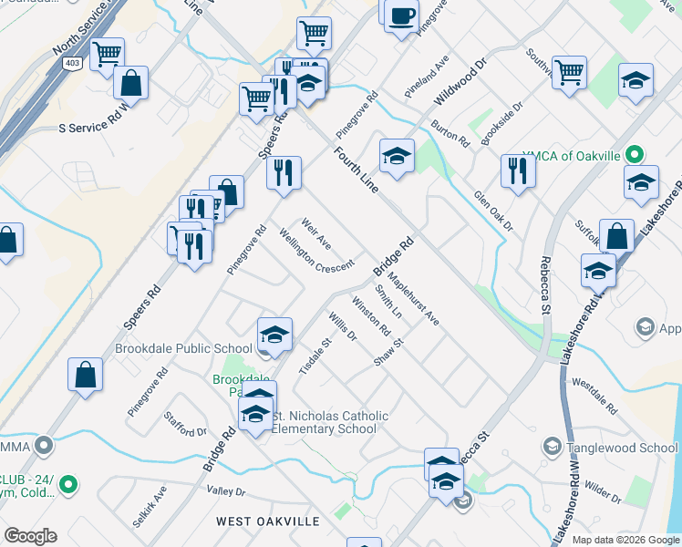 map of restaurants, bars, coffee shops, grocery stores, and more near 510 Wellington Crescent in Oakville