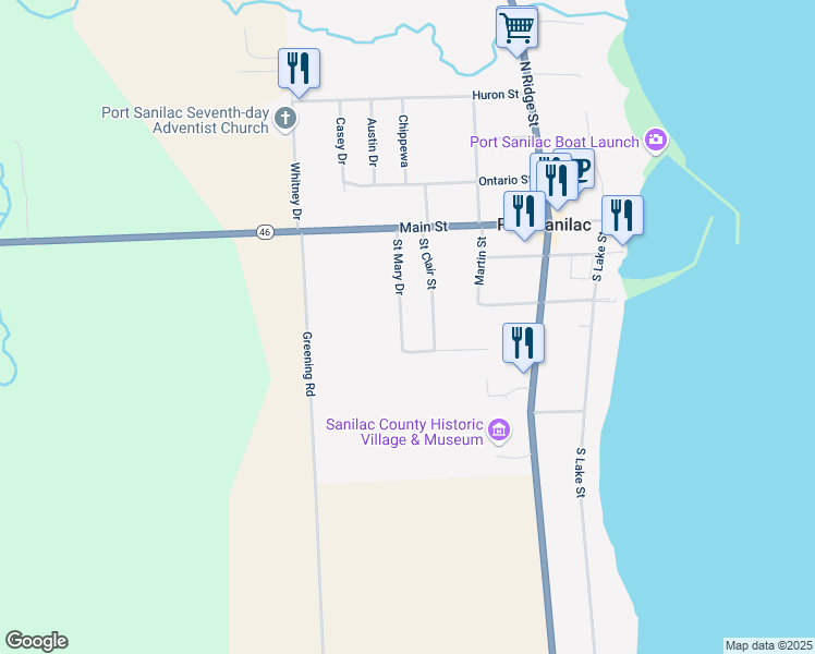 map of restaurants, bars, coffee shops, grocery stores, and more near 43 Saint Mary Drive in Port Sanilac