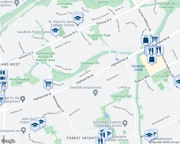map of restaurants, bars, coffee shops, grocery stores, and more near 285 Bankside Drive in Kitchener