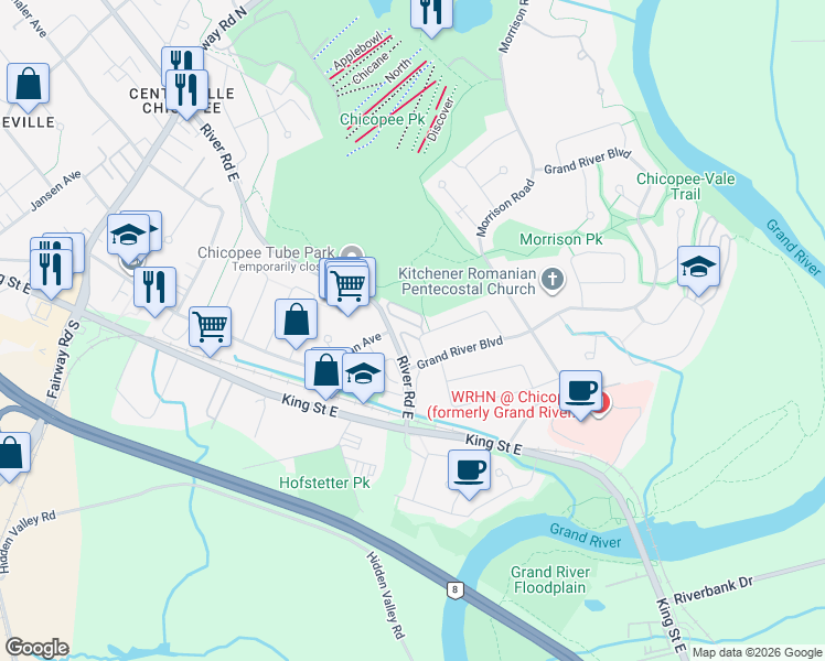 map of restaurants, bars, coffee shops, grocery stores, and more near 28 Underhill Crescent in Kitchener