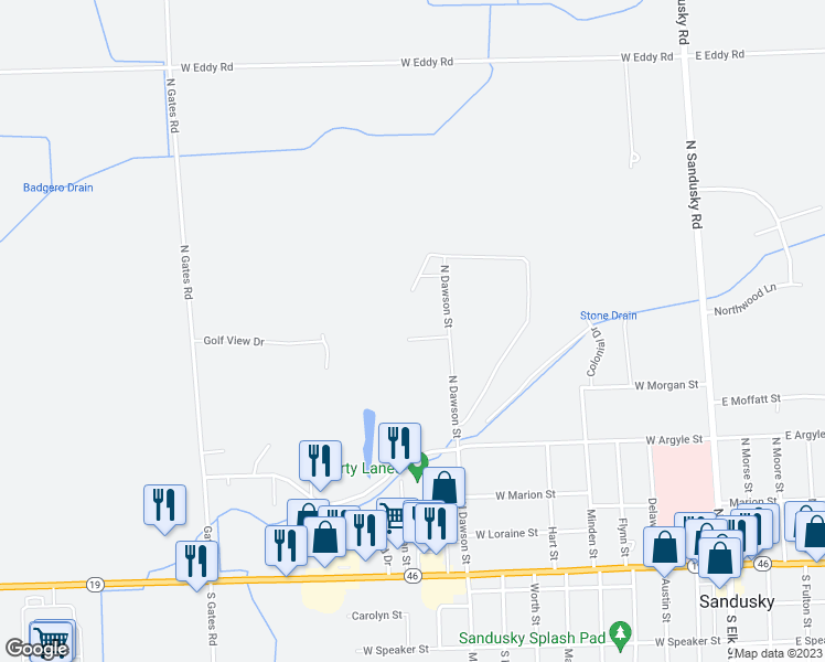map of restaurants, bars, coffee shops, grocery stores, and more near 410 Green Acres Drive in Sandusky