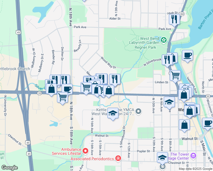 map of restaurants, bars, coffee shops, grocery stores, and more near 460 North Silverbrook Drive in West Bend
