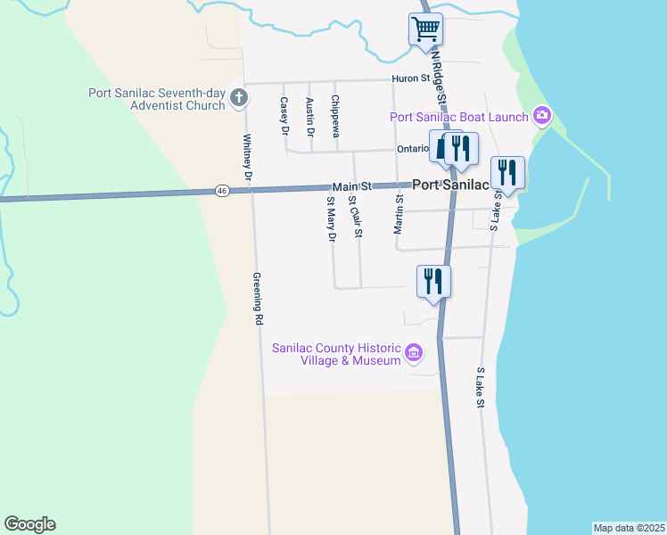 map of restaurants, bars, coffee shops, grocery stores, and more near 43 Saint Mary Drive in Port Sanilac